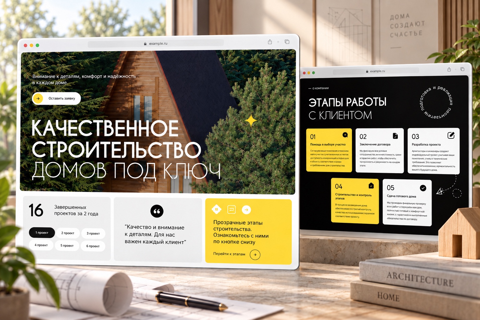 Сайт строительства домов под ключ: главный экран и этапы работы